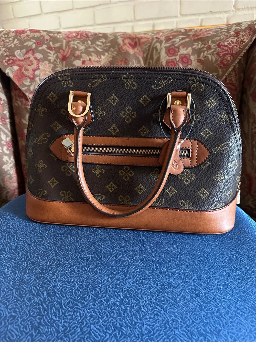 Brown Patterned Dome Satchel Handbag with Tan Trim